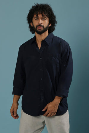 Eluded - Regular Fit Full Sleeve Poplin Shirt - Navy Blue - Espanshe