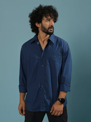 Eluded - Regular Fit Full Sleeve Poplin Shirt - Dark Blue - Espanshe