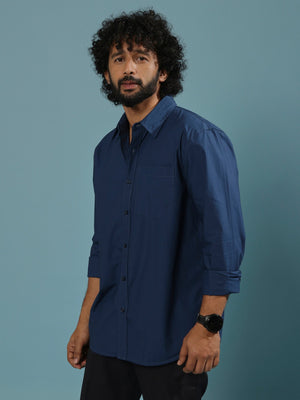 Eluded - Regular Fit Full Sleeve Poplin Shirt - Dark Blue - Espanshe