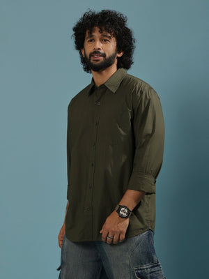 Eluded - Regular Fit Full Sleeve Poplin Shirt - Dark Green - Espanshe
