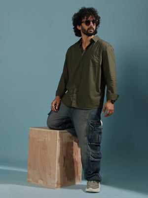 Eluded - Regular Fit Full Sleeve Poplin Shirt - Dark Green - Espanshe