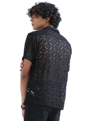 Men's Shark Black Cuban Collar Crochet shirt - Espanshe