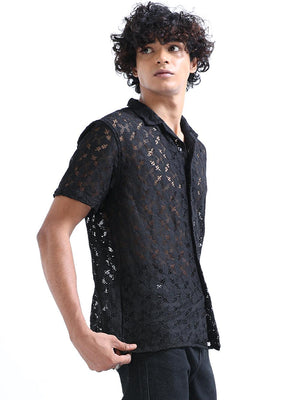 Men's Shark Black Cuban Collar Crochet shirt - Espanshe