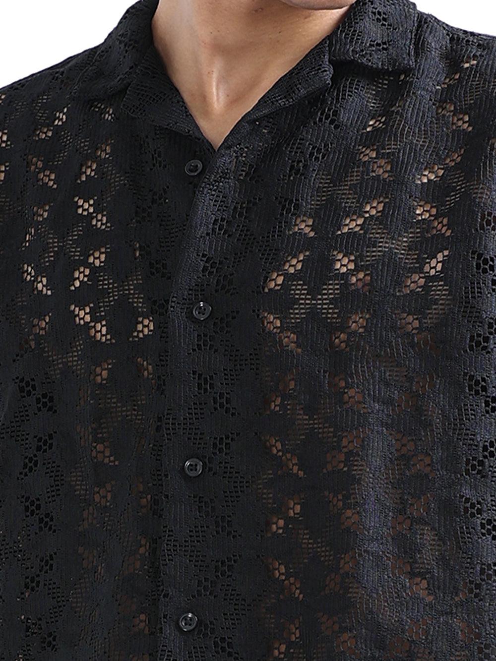 Men's Shark Black Cuban Collar Crochet shirt - Espanshe