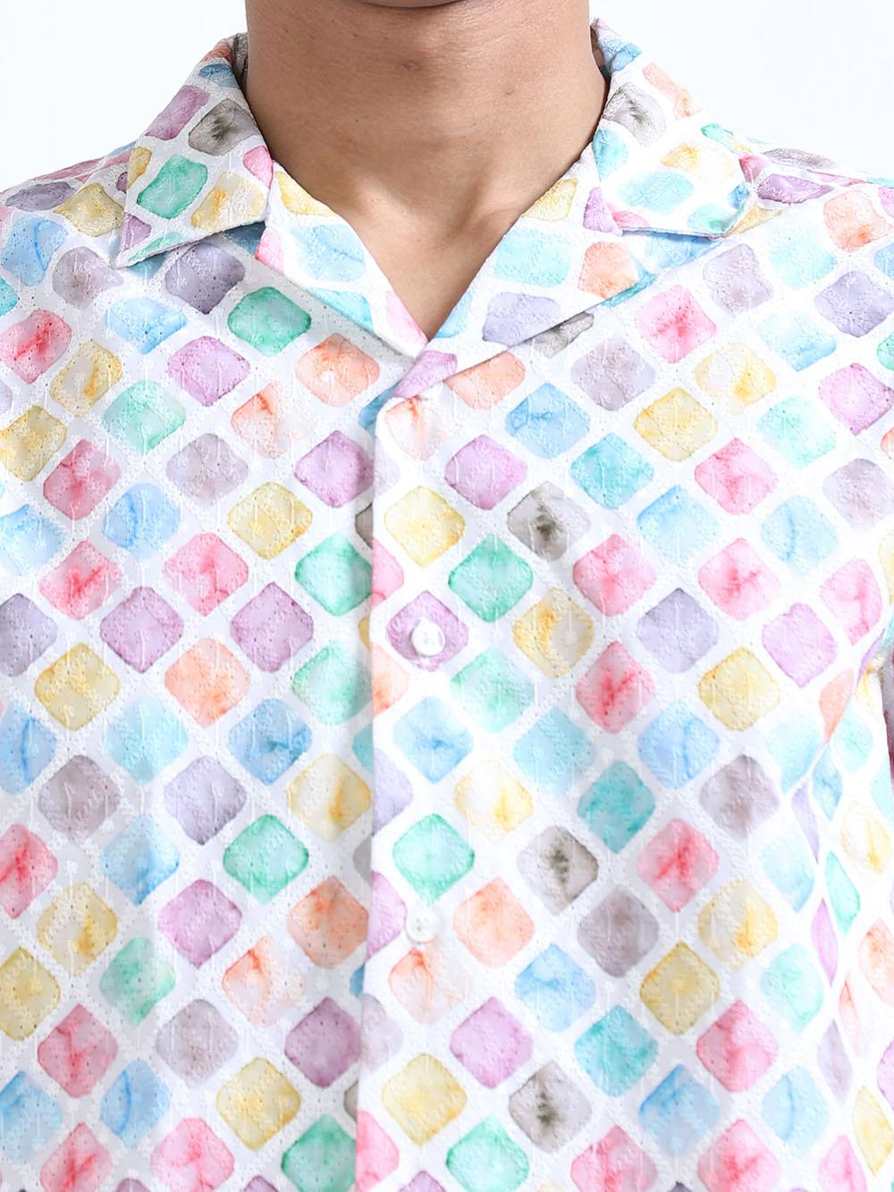 Men's Multicolor Cuban Collar Embroidered shirt - Espanshe