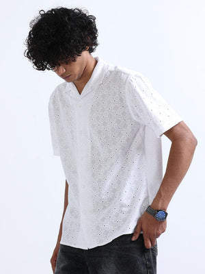 Men's White Cuban Collar Crochet shirt - Espanshe