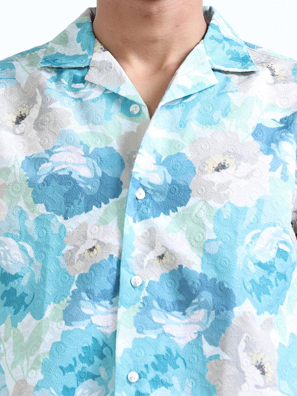 Men's Bermuda Blue Cuban Collar Embroidered shirt - Espanshe