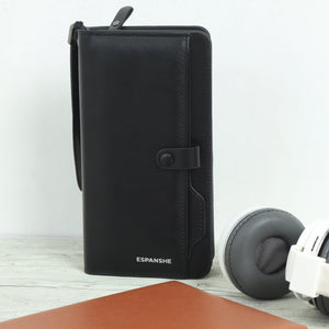 Leather Hand Wallet With Pull Out Card Compartment- Black - Espanshe