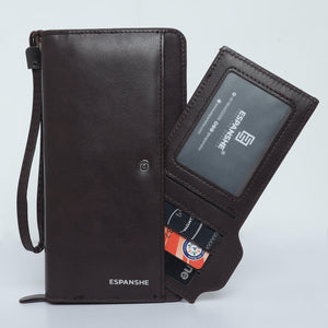 Leather Hand Wallet with Pull Out Card Compartment- Brown - Espanshe