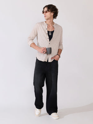 Aumena - Crinkle Pattern Striped Band Neck Shirt - Beige - Espanshe