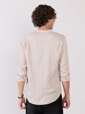 Aumena - Crinkle Pattern Striped Band Neck Shirt - Beige - Espanshe