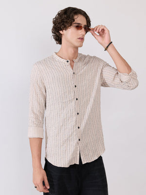 Aumena - Crinkle Pattern Striped Band Neck Shirt - Beige - Espanshe