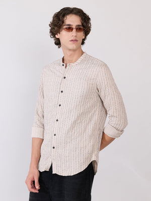 Aumena - Crinkle Pattern Striped Band Neck Shirt - Beige - Espanshe