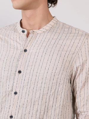 Aumena - Crinkle Pattern Striped Band Neck Shirt - Beige - Espanshe