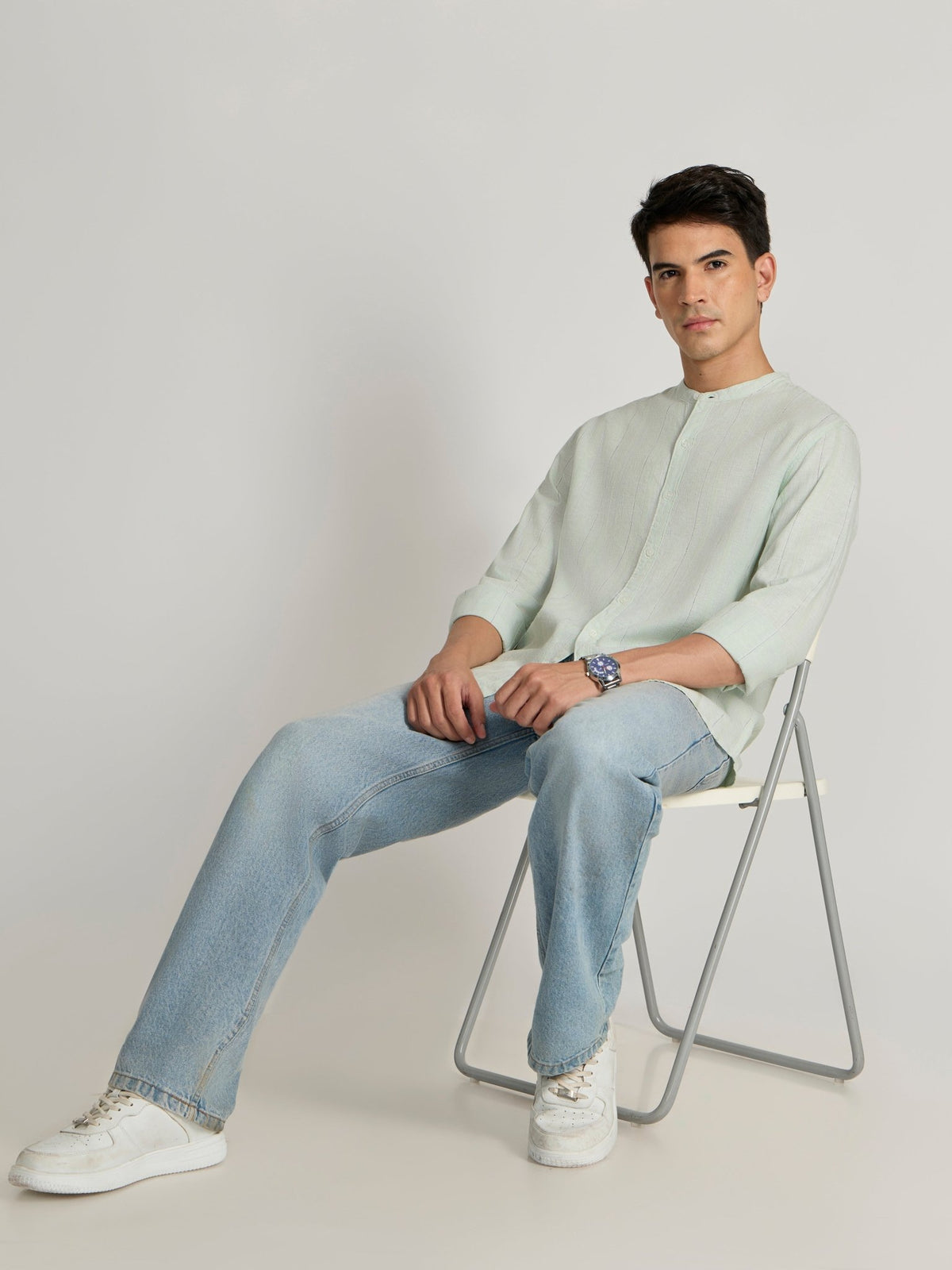 Salvator - Band Collar Striped Shirt - Light Green - Espanshe