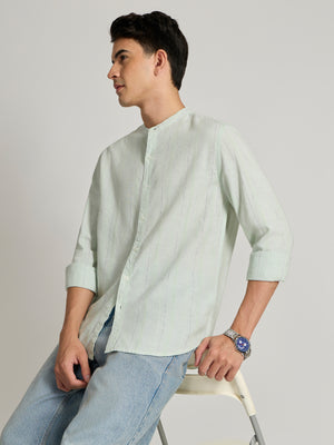 Men's Band Collar Striped Shirt in light green