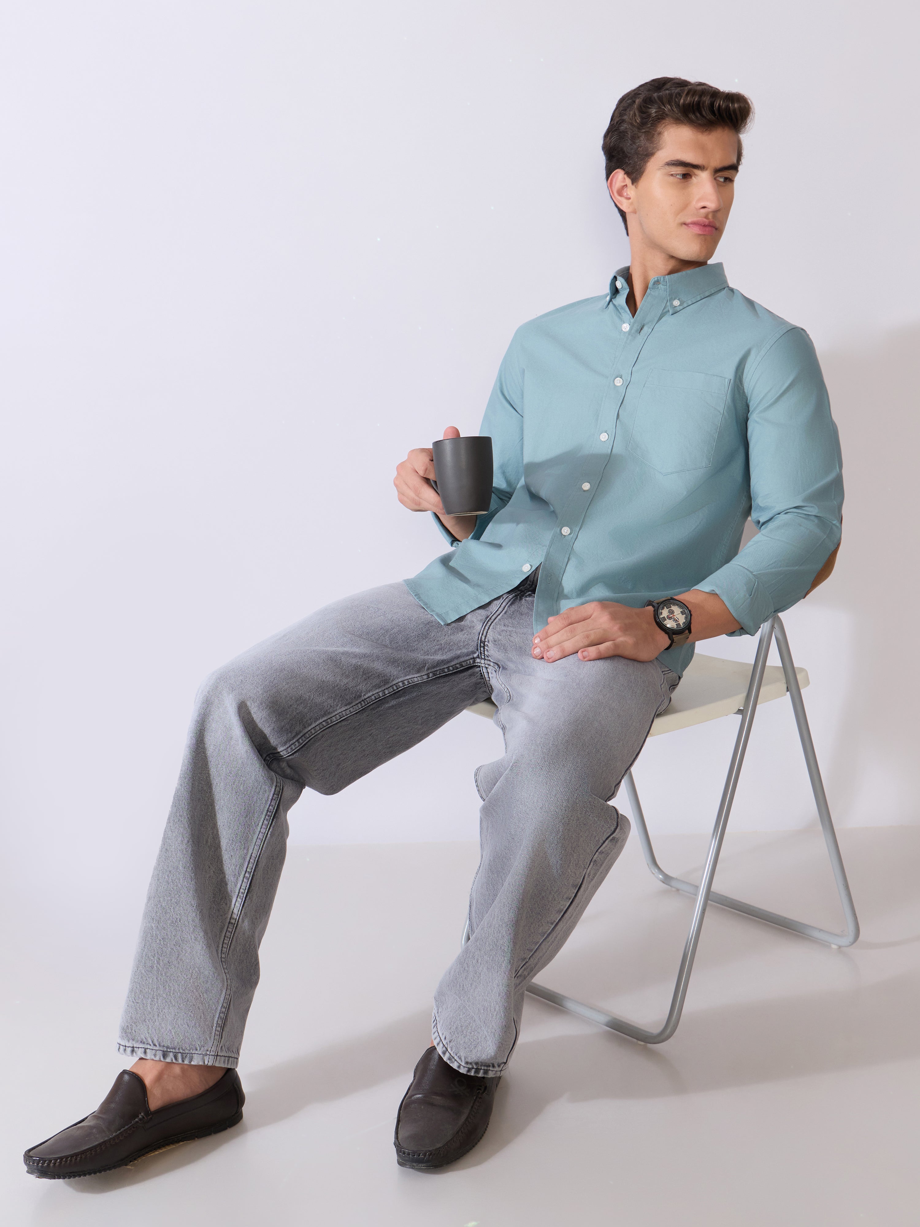 Orbit - Relaxed Fit Oxford Shirt With Elbow Patch - Blue Topaz