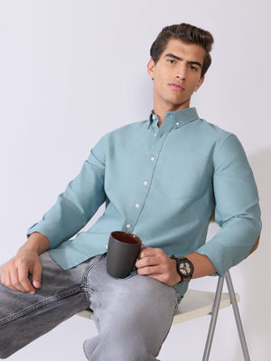 Orbit - Relaxed Fit Oxford Shirt With Elbow Patch - Blue Topaz - Espanshe
