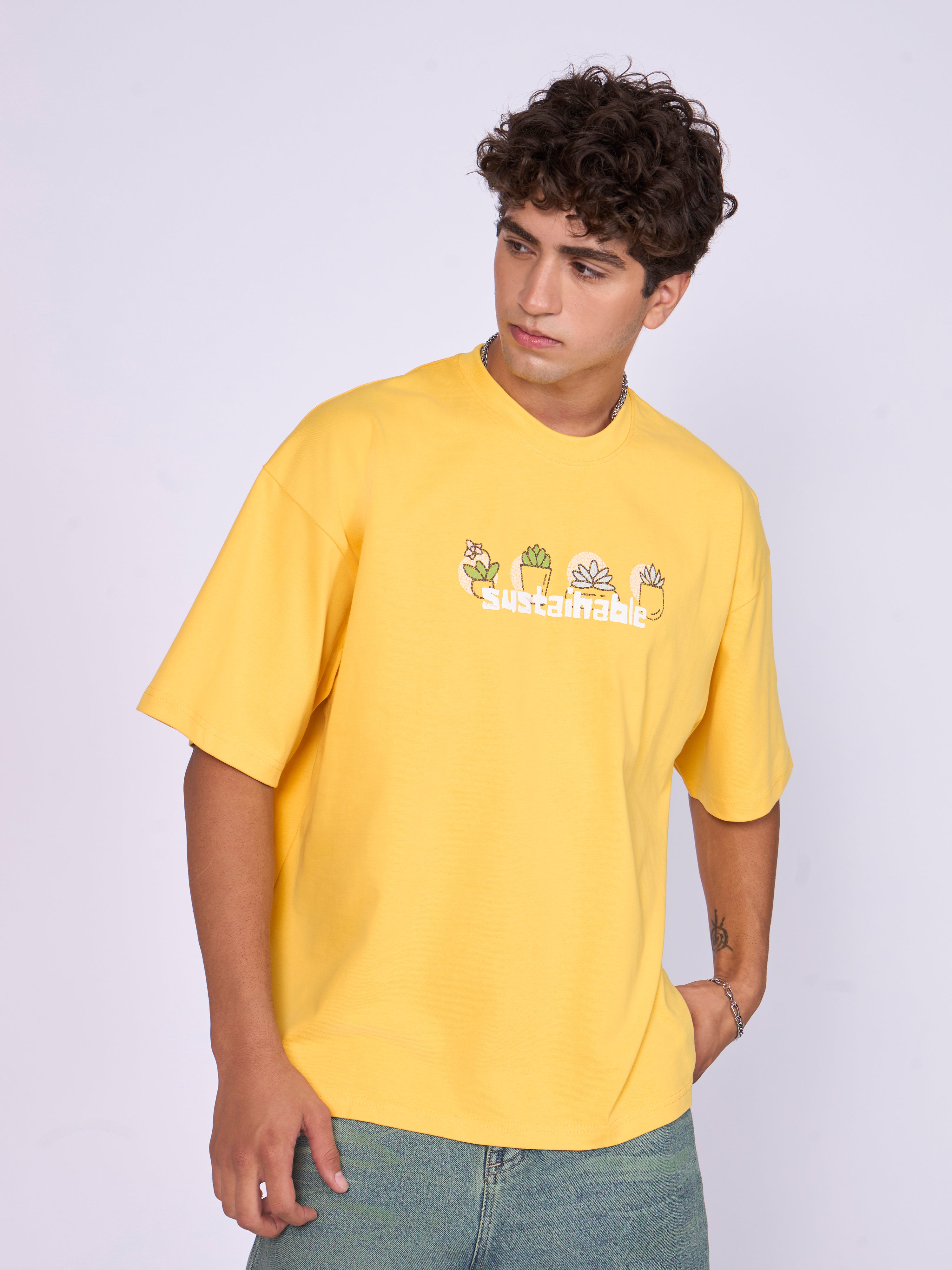 Men's Printed Baggy T-Shirt - Yellow