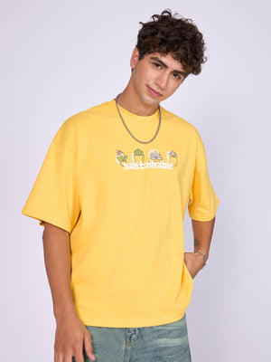 Everston - Sustainable Printed Baggy T-Shirt - Yellow - Espanshe