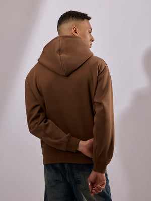 men's brown long sleeve hoodie with minimal print, cotton and polyster blended.