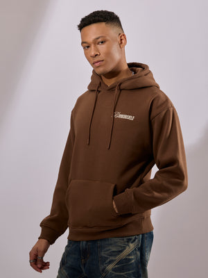 men's brown long sleeve hoodie with minimal print, cotton and polyster blended.