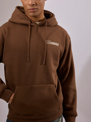 men's brown long sleeve hoodie with minimal print, cotton and polyster blended.