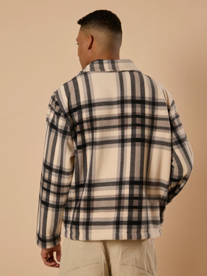 men's off black checked fleece shacket with cotton and polyster belnded fabric.