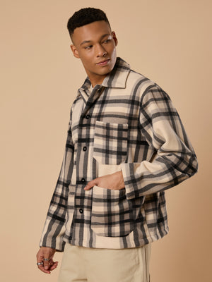 men's off black checked fleece shacket with cotton and polyster belnded fabric.
