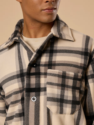 men's off black checked fleece shacket with cotton and polyster belnded fabric.