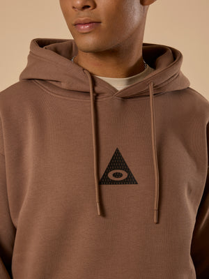 men's light brown long sleeve hoodie with minimal print, cotton and polyster blended.