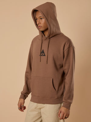 men's light brown long sleeve hoodie with minimal print, cotton and polyster blended.