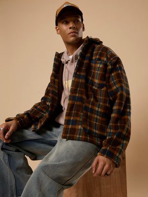 men's brown checked fleece shacket with cotton and polyster belnded fabric.