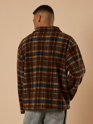 men's biege checked fleece shacket with cotton and polyster belnded fabric.