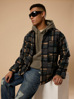 men's charcoal checked fleece shacket with cotton and polyster belnded fabric.