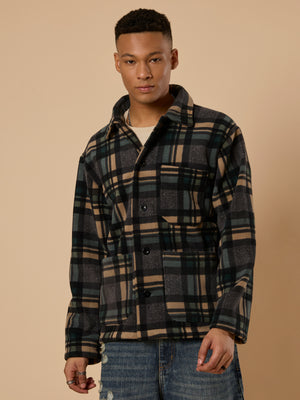 men's charcoal checked fleece shacket with cotton and polyster belnded fabric.