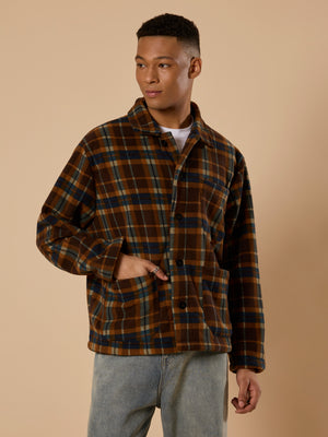 men's biege checked fleece shacket with cotton and polyster belnded fabric.