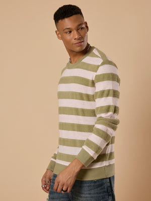 men's green stripped crew neck sweater , blended from cotton and polyster.