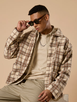 men's biege checked fleece shacket with cotton and polyster belnded fabric.