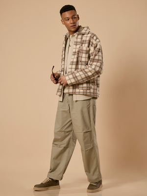 men's biege checked fleece shacket with cotton and polyster belnded fabric.