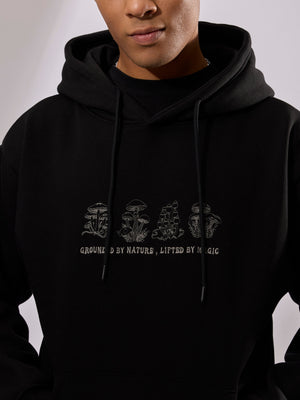 men's black long sleeve hoodie with minimal print, cotton and polyster blended.