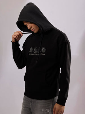 men's black long sleeve hoodie with minimal print, cotton and polyster blended.