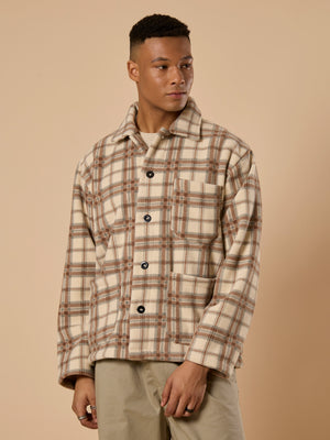 men's biege checked fleece shacket with cotton and polyster belnded fabric.