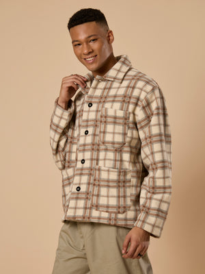 men's biege checked fleece shacket with cotton and polyster belnded fabric.