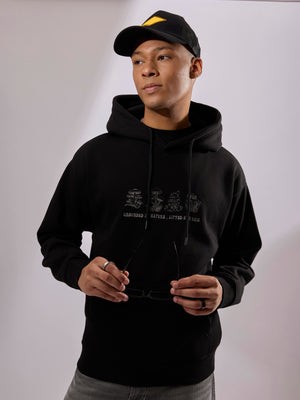 men's black long sleeve hoodie with minimal print, cotton and polyster blended.