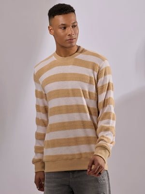 men's orange stripped crew neck sweater , blended from cotton and polyster.