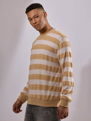 men's orange stripped crew neck sweater , blended from cotton and polyster.