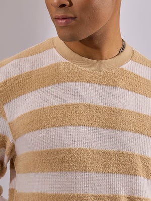 men's orange stripped crew neck sweater , blended from cotton and polyster.