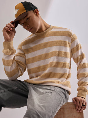 men's orange stripped crew neck sweater , blended from cotton and polyster.