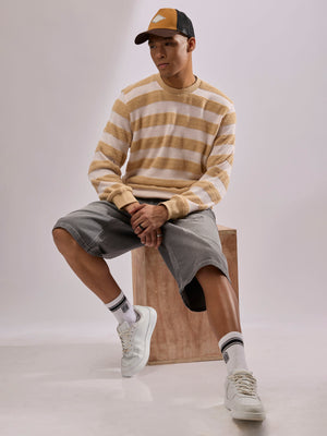 men's orange stripped crew neck sweater , blended from cotton and polyster.